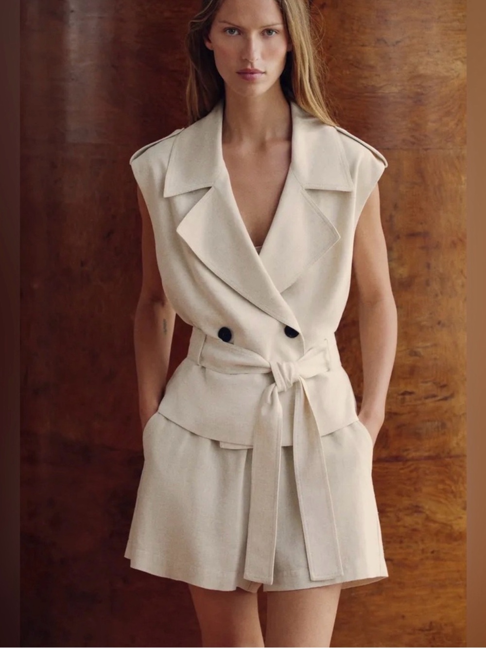 Zara Linen Sleeveless Double-Breasted Belted vest waist coat